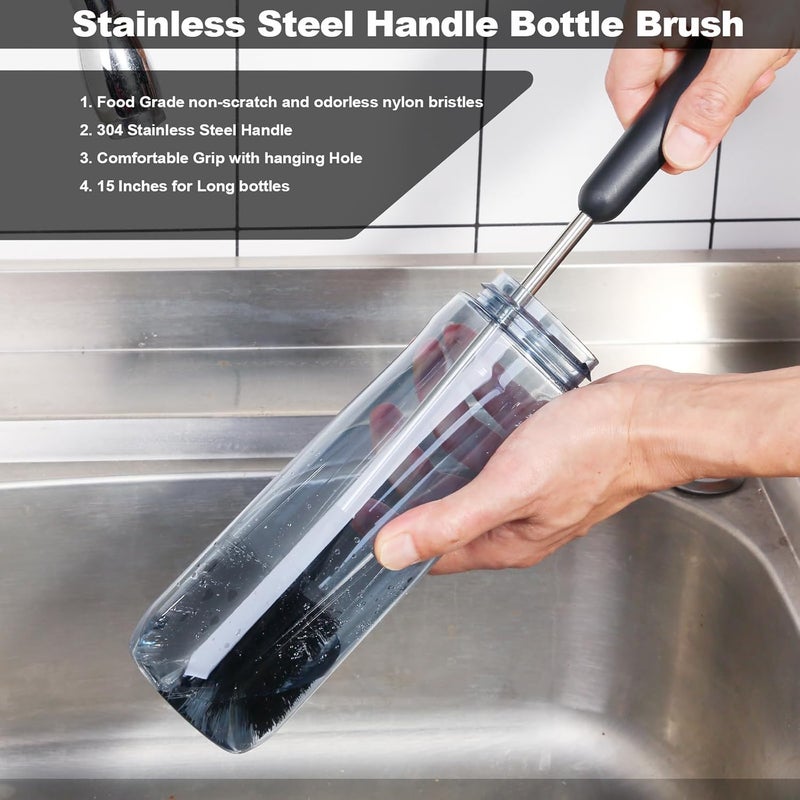 HUMUTA Water Bottle Brush, 15 Inches Long Stainless Steel Handle Bottle Brush Cleaner, Bottle Scrubber, Kitchen Scrub Cleaning Brushes for Cup, Wine Glasses, Coffee Mugs, Tumblers, Wine Decanters, Black - Image 1
